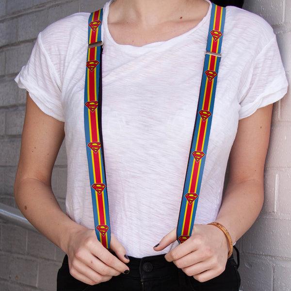 Buckle Down Suspenders - 1.0" - Superman Shield Stripe Blue Yellow Red
