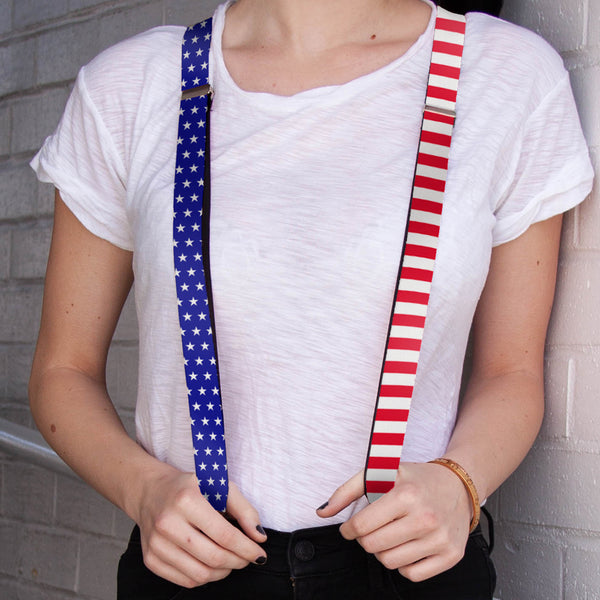 Buckle Down Suspenders - 1.0" - United States Flag Split Stars Blue/White + Stripes Red/White