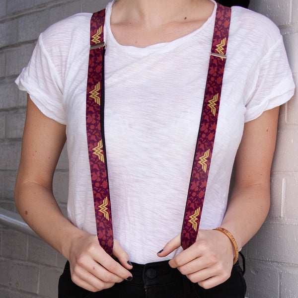 Buckle Down Suspenders - 1.0" - Wonder Woman Logo Floral Collage Purple Pinks Gold