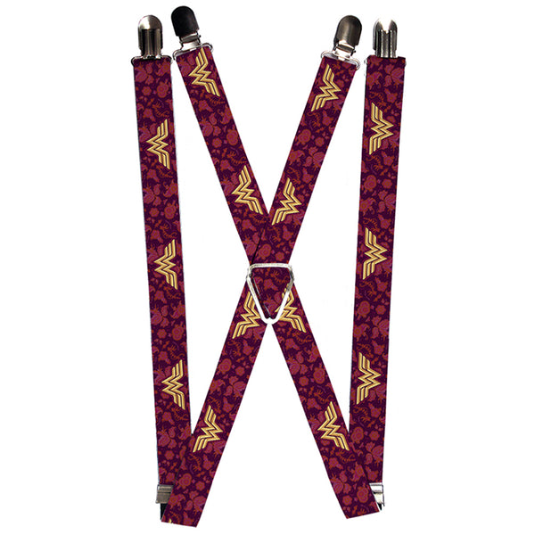 buckle down Suspenders - 1.0" - Wonder Woman Logo Floral Collage Purple Pinks Gold