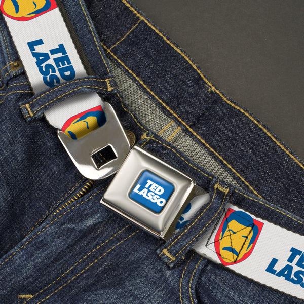 Buckle Down TED LASSO Title Logo Full Color Blue/White Seatbelt Belt - TED LASSO Icon And Text White/Blue/Red/Yellow Webbing