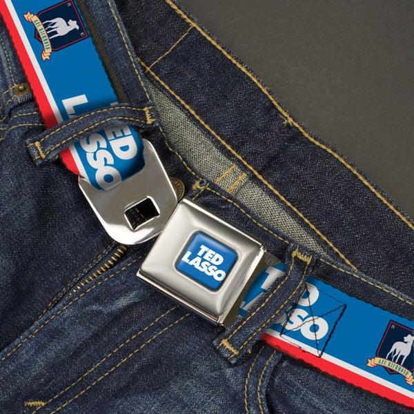 Buckle Down TED LASSO Title Logo Full Color Blue/White Seatbelt Belt - TED LASSO And AFC Richmond Logo Blues/White/Red Webbing