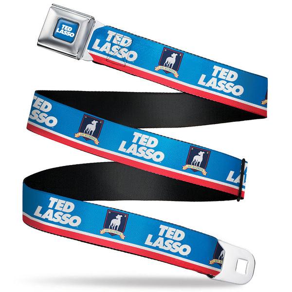 buckle down TED LASSO Title Logo Full Color Blue/White Seatbelt Belt - TED LASSO and AFC Richmond Logo Blues/White/Red Webbing