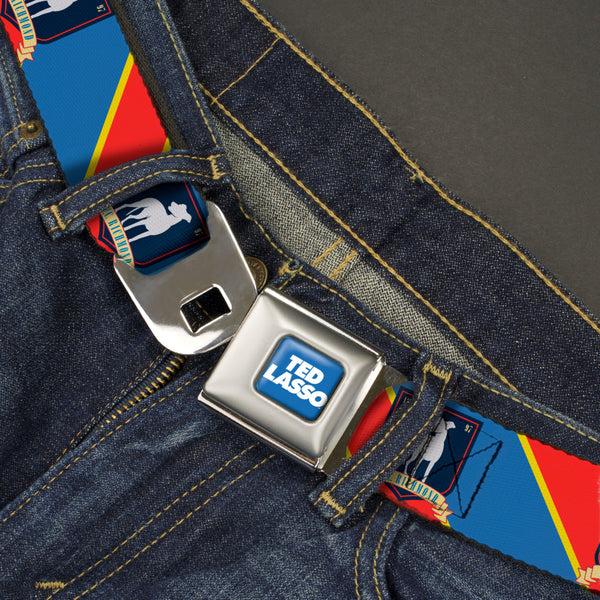 Buckle Down TED LASSO Title Logo Full Color Blue/White Seatbelt Belt - Ted Lasso AFC Richmond Logo Stripe Blue/Yellow/Red Webbing