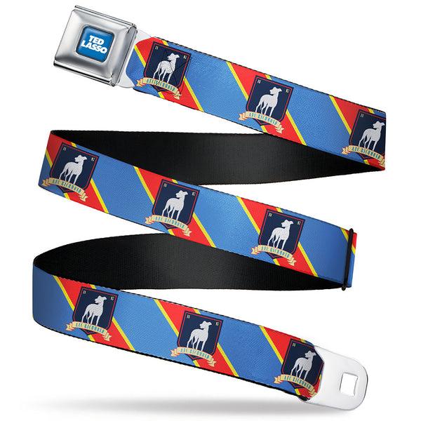 buckle down TED LASSO Title Logo Full Color Blue/White Seatbelt Belt - Ted Lasso AFC Richmond Logo Stripe Blue/Yellow/Red Webbing