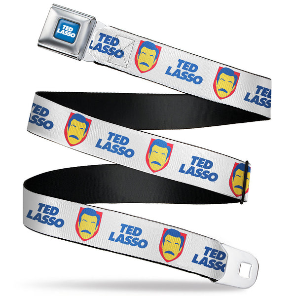 buckle down TED LASSO Title Logo Full Color Blue/White Seatbelt Belt - TED LASSO Icon and Text White/Blue/Red/Yellow Webbing