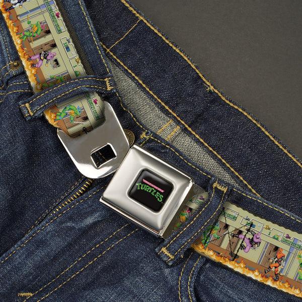 Buckle Down TEENAGE MUTANT NINJA TURTLES Logo Full Color Black Seatbelt Belt - Teenage Mutant Ninja Turtles Battle Foot Soldiers Ninjas Arcade Scene Tan Webbing
