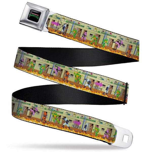 buckle down TEENAGE MUTANT NINJA TURTLES Logo Full Color Black Seatbelt Belt - Teenage Mutant Ninja Turtles Battle Foot Soldiers Ninjas Arcade Scene Tan Webbing
