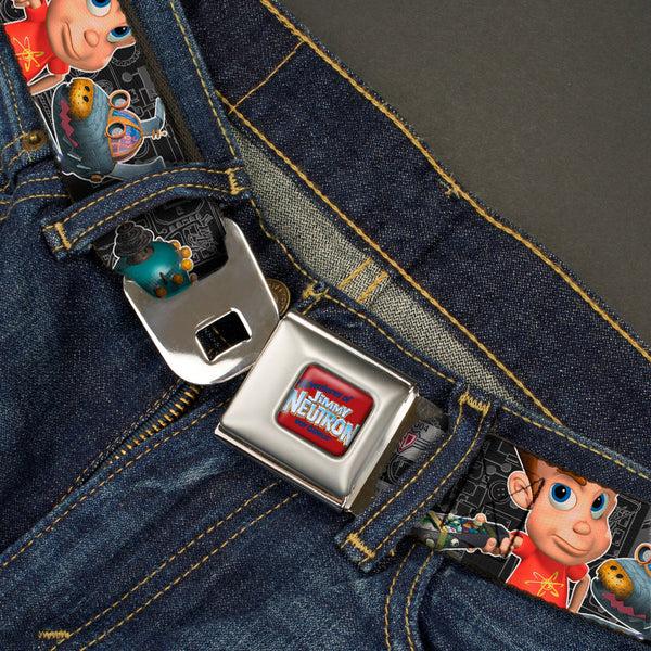 Buckle Down The Adventures Of Jimmy Neutron Logo Full Color Red/Blues Seatbelt Belt - Jimmy Neutron Gadget Poses/Goddard Webbing