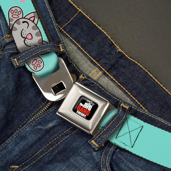 Buckle Down THE BIG BANG THEORY Full Color Black White Red Seatbelt Belt - Soft Kitty Poses Pale Turquoise/Pink Webbing