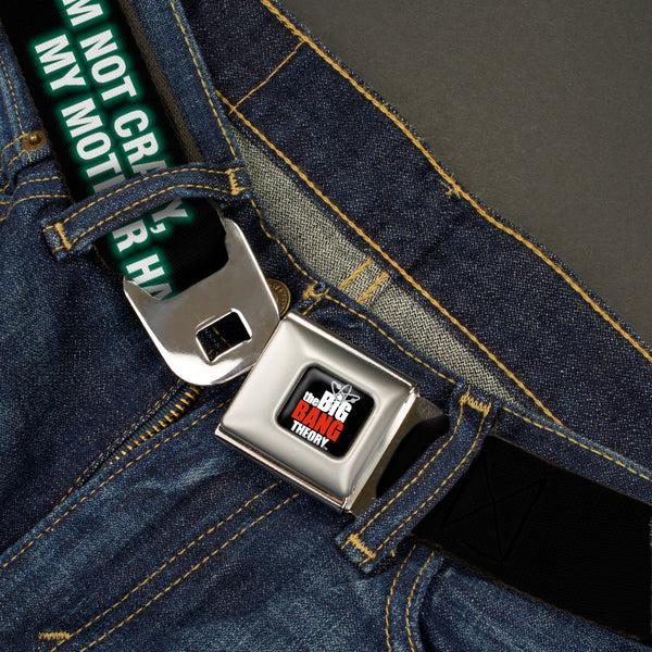 Buckle Down THE BIG BANG THEORY Full Color Black White Red Seatbelt Belt - BBT Logo I'M NOT CRAZY MY MOTHER HAD ME TESTED Webbing