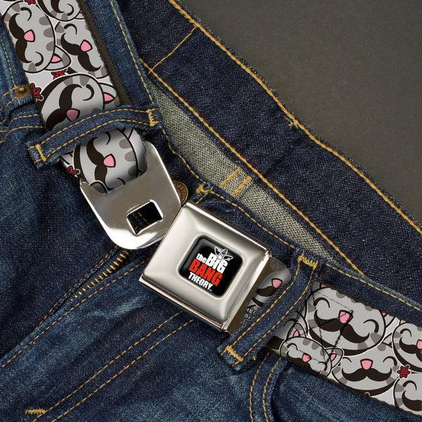 Buckle Down THE BIG BANG THEORY Full Color Black White Red Seatbelt Belt - Soft Kitty Mustacho Stacked Webbing