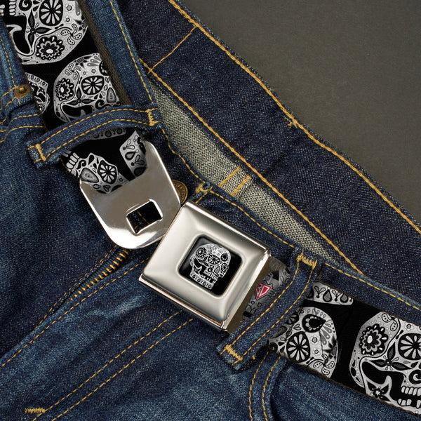 Buckle Down The Dust Of Living II Skull Full Color Black/White Seatbelt Belt - The Dust Of Living II Sugar Skulls Black/White Webbing