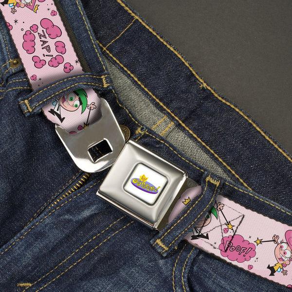 Buckle Down THE FAIRLY ODDPARENTS Logo Full Color White Seatbelt Belt - The Fairly OddParents Cosmo And Wanda Wish Poses Pink Webbing