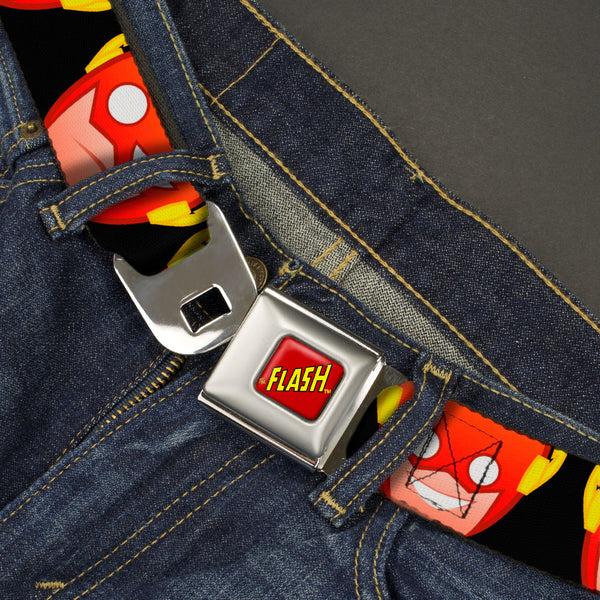 Buckle Down THE FLASH Full Color Red/Black/Yellow Seatbelt Belt - The Flash 5-Emoji Expressions Black Webbing