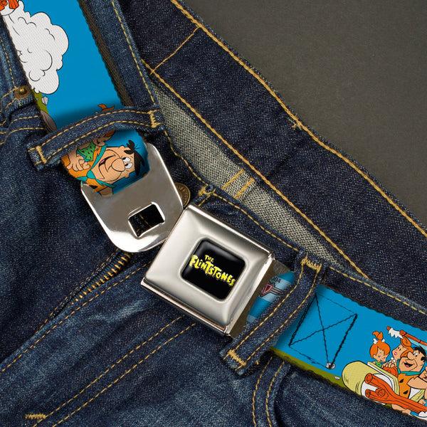 Buckle Down THE FLINTSTONES Logo Full Color Black Yellow Seatbelt Belt - The Flintstones And Rubbles Group Pose/Logo Blue Webbing