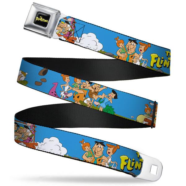 buckle down THE FLINTSTONES Logo Full Color Black Yellow Seatbelt Belt - The Flintstones and Rubbles Group Pose/Logo Blue Webbing