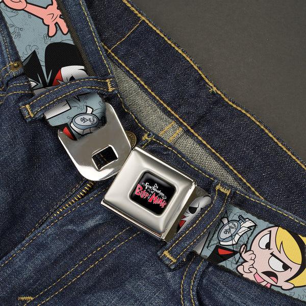 Buckle Down THE GRIM ADVENTURES OF BILLY & MANDY Title Logo Full Color Black/White/Red Seatbelt Belt - The Grim Adventures Of Billy & Mandy Group Pose Gray Webbing