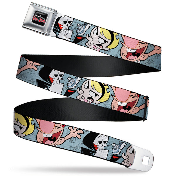 buckle down THE GRIM ADVENTURES OF BILLY & MANDY Title Logo Full Color Black/White/Red Seatbelt Belt - The Grim Adventures of Billy & Mandy Group Pose Gray Webbing