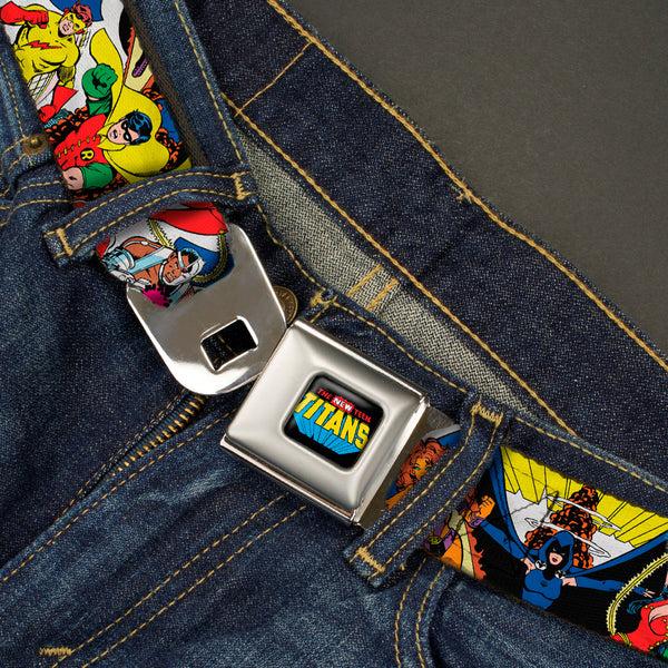 Buckle Down THE NEW TEEN TITANS Logo Full Color Black Red Blue Yellow Seatbelt Belt - THE NEW TEEN TITANS Issue #1 Superhero Cover Poses White Webbing