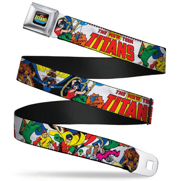 buckle down THE NEW TEEN TITANS Logo Full Color Black Red Blue Yellow Seatbelt Belt - THE NEW TEEN TITANS Issue #1 Superhero Cover Poses White Webbing