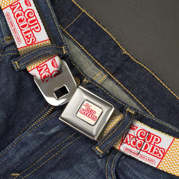 Buckle Down THE ORIGINAL CUP NOODLES Logo/Noodle Wave Full Color White/Orange/Red Seatbelt Belt - Cup Noodles Cups Stacked Collage White/Gold/Red Webbing