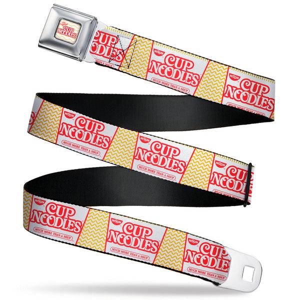 buckle down THE ORIGINAL CUP NOODLES Logo/Noodle Wave Full Color White/Orange/Red Seatbelt Belt - Cup Noodles Cups Stacked Collage White/Gold/Red Webbing