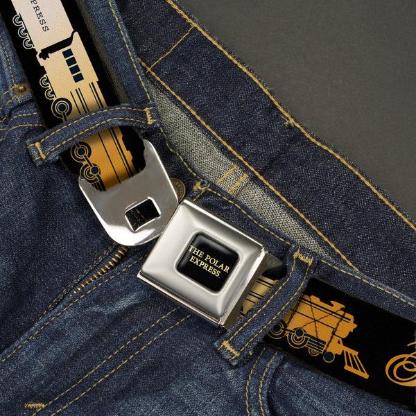 Buckle Down THE POLAR EXPRESS Text Logo Full Color Black/Golds Seatbelt Belt - POLAR EXPRESS Train Cars Black/Golds Webbing