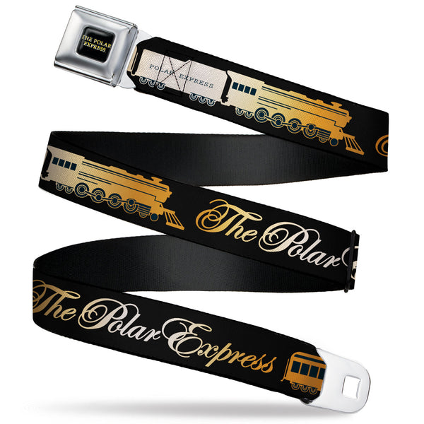 buckle down THE POLAR EXPRESS Text Logo Full Color Black/Golds Seatbelt Belt - POLAR EXPRESS Train Cars Black/Golds Webbing