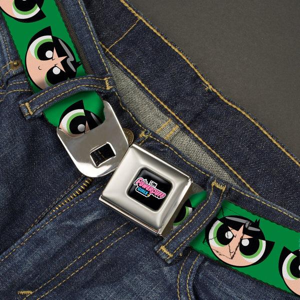 Buckle Down THE POWERPUFF GIRLS Animated Series Title Logo Full Color Black Seatbelt Belt - The Powerpuff Girls Buttercup Face Close-Up Green Webbing