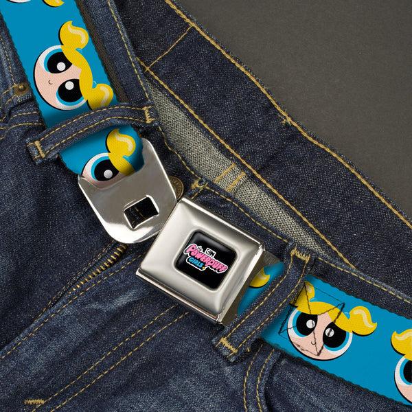 Buckle Down THE POWERPUFF GIRLS Animated Series Title Logo Full Color Black Seatbelt Belt - The Powerpuff Girls Bubbles Face Close-Up Blue Webbing