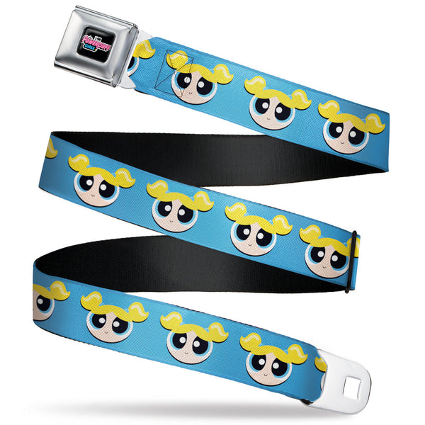 buckle down THE POWERPUFF GIRLS Animated Series Title Logo Full Color Black Seatbelt Belt - The Powerpuff Girls Bubbles Face Close-Up Blue Webbing