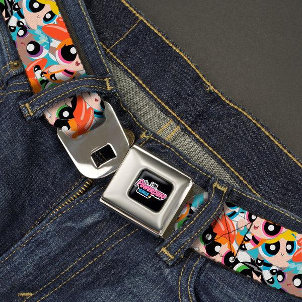 Buckle Down THE POWERPUFF GIRLS Animated Series Title Logo Full Color Black Seatbelt Belt - The Powerpuff Girls Expressions Stacked Webbing