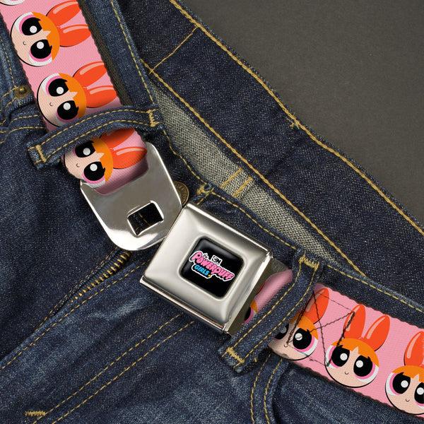 Buckle Down THE POWERPUFF GIRLS Animated Series Title Logo Full Color Black Seatbelt Belt - The Powerpuff Girls Blossom Face Close-Up Pink Webbing