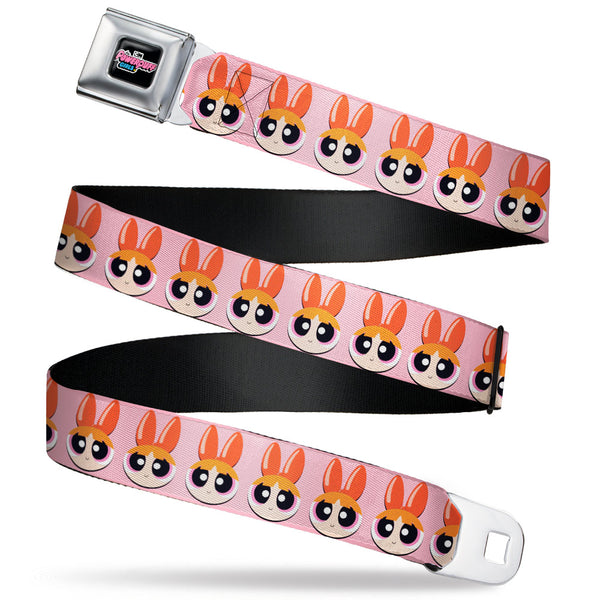 buckle down THE POWERPUFF GIRLS Animated Series Title Logo Full Color Black Seatbelt Belt - The Powerpuff Girls Blossom Face Close-Up Pink Webbing