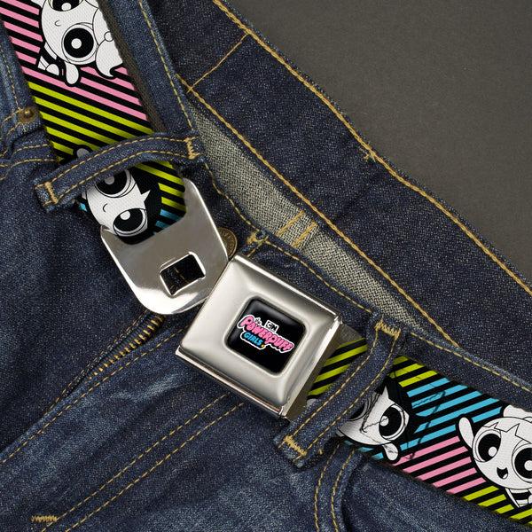 Buckle Down THE POWERPUFF GIRLS Animated Series Title Logo Full Color Black Seatbelt Belt - The Powerpuff Girls And Donny Stripe Black/Multi Pastel Webbing