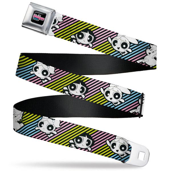 buckle down THE POWERPUFF GIRLS Animated Series Title Logo Full Color Black Seatbelt Belt - The Powerpuff Girls and Donny Stripe Black/Multi Pastel Webbing
