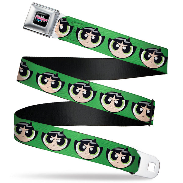 buckle down THE POWERPUFF GIRLS Animated Series Title Logo Full Color Black Seatbelt Belt - The Powerpuff Girls Buttercup Face Close-Up Green Webbing