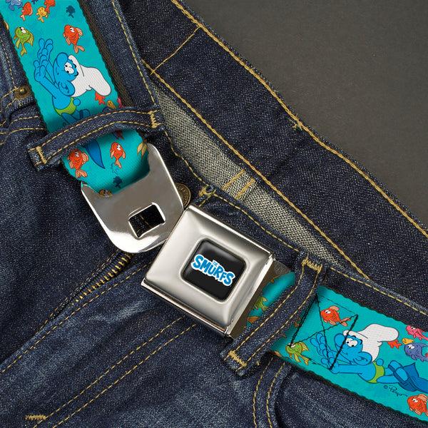 Buckle Down THE SMURFS Title Logo Full Color Black White Blue Seatbelt Belt - The Smurfs Swimming With Fish Blue/Multi Color Webbing