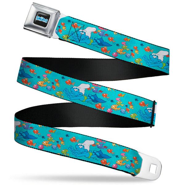 buckle down THE SMURFS Title Logo Full Color Black White Blue Seatbelt Belt - The Smurfs Swimming with Fish Blue/Multi Color Webbing