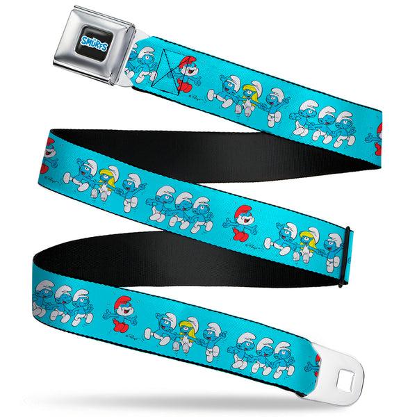 buckle down THE SMURFS Title Logo Full Color Black White Blue Seatbelt Belt - The Smurfs Seven Character Group Holding Hands Jumping Blue Webbing