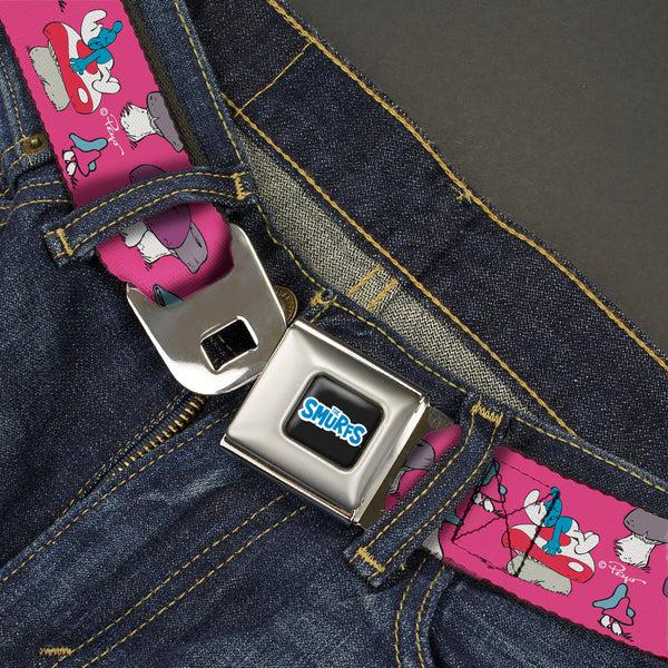 Buckle Down THE SMURFS Title Logo Full Color Black White Blue Seatbelt Belt - The Smurfs Like A Mushroom Pose Pink Webbing