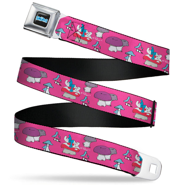 buckle down THE SMURFS Title Logo Full Color Black White Blue Seatbelt Belt - The Smurfs Like a Mushroom Pose Pink Webbing
