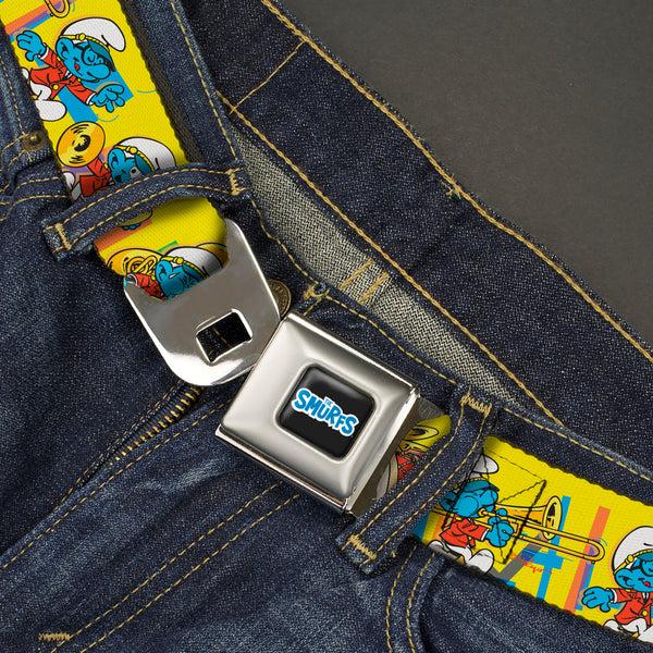 Buckle Down THE SMURFS Title Logo Full Color Black White Blue Seatbelt Belt - The Smurfs Carnival Party Band Line Yellow Webbing