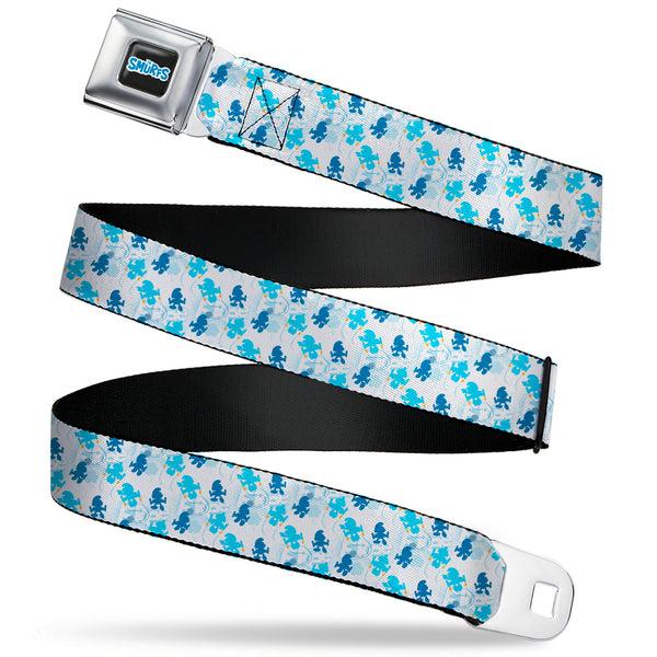 buckle down THE SMURFS Title Logo Full Color Black White Blue Seatbelt Belt - The Smurfs Blast Off FREE Silhouette Pose White/Blues Webbing