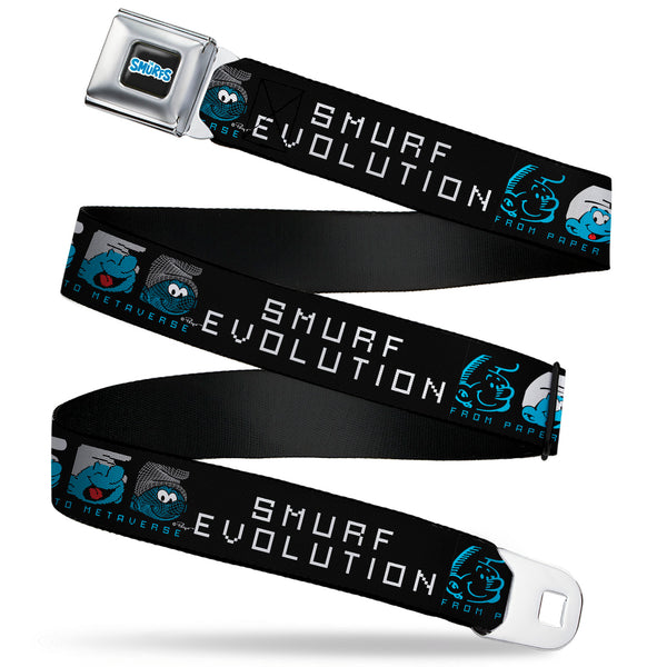 buckle down THE SMURFS Title Logo Full Color Black White Blue Seatbelt Belt - SMURF EVOLUTION FROM PAPER TO METAVERSE Smiling Face Black/White/Blues Webbing