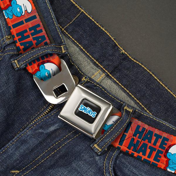 Buckle Down THE SMURFS Title Logo Full Color Black White Blue Seatbelt Belt - Grumpy Smurf I HATE I HATE Arms Crossed Pose Red/Blue Webbing