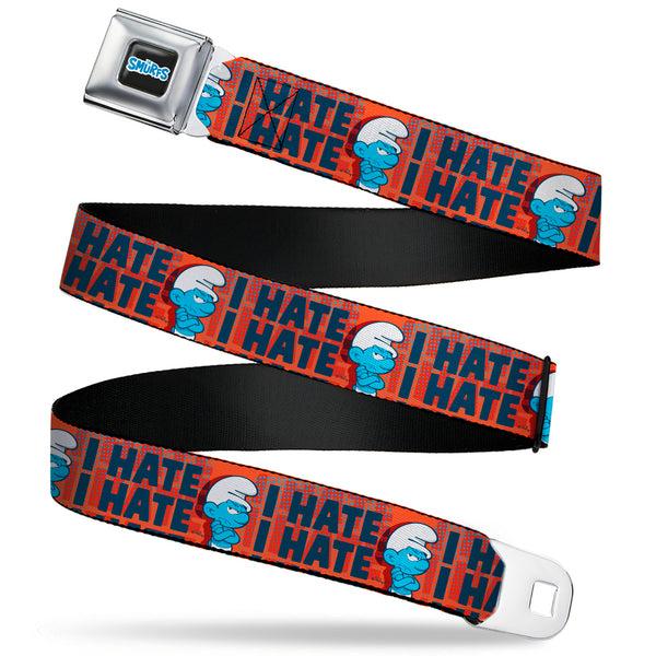 buckle down THE SMURFS Title Logo Full Color Black White Blue Seatbelt Belt - Grumpy Smurf I HATE I HATE Arms Crossed Pose Red/Blue Webbing