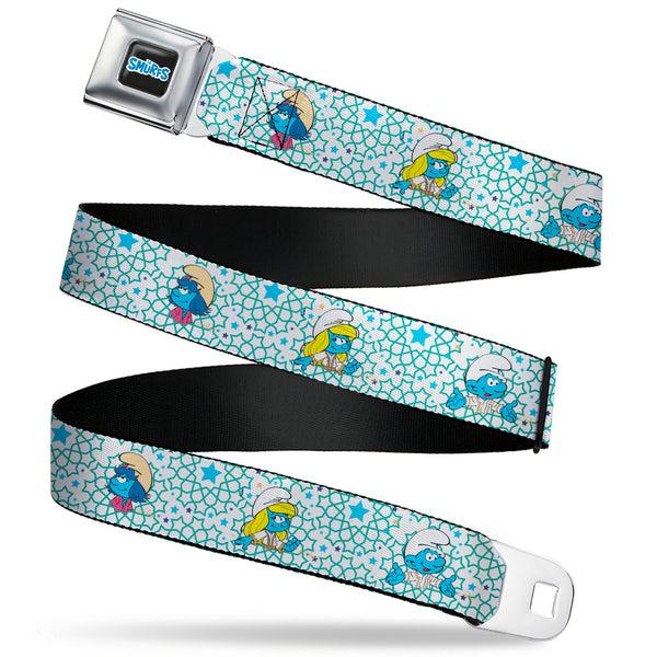 buckle down THE SMURFS Title Logo Full Color Black White Blue Seatbelt Belt - The Smurfs Three Character Pose and Stars White/Blues Webbing