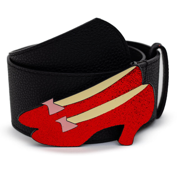 Buckle Down The Wizard Of Oz Dorothy's Ruby Red Glitter Slippers Enamel Cast Buckle - Black PU Strap Belt